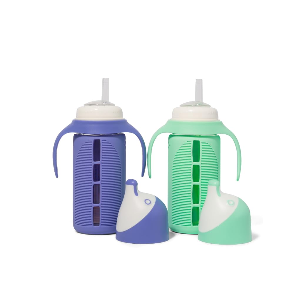 Tabor Place Luca mint glass sippy cup side view highlighting spill-proof design