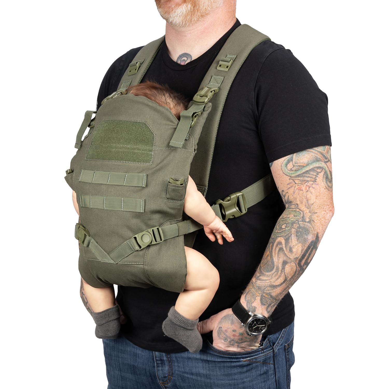 Tactical Baby Gear carrier for dads shows ergonomic design for comfortable all-day wear.