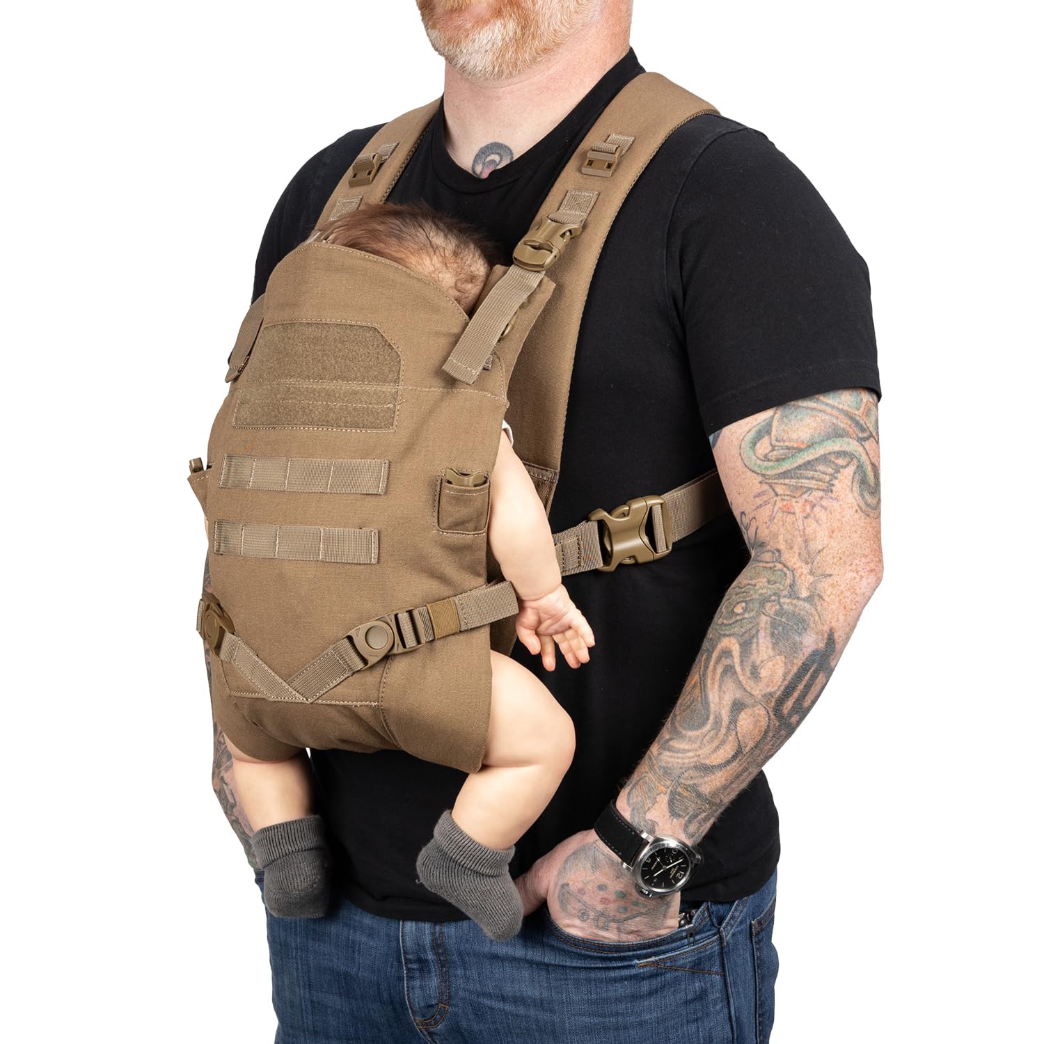 Tactical Baby Gear carrier for dads in action, showing ergonomic design for comfortable wear.