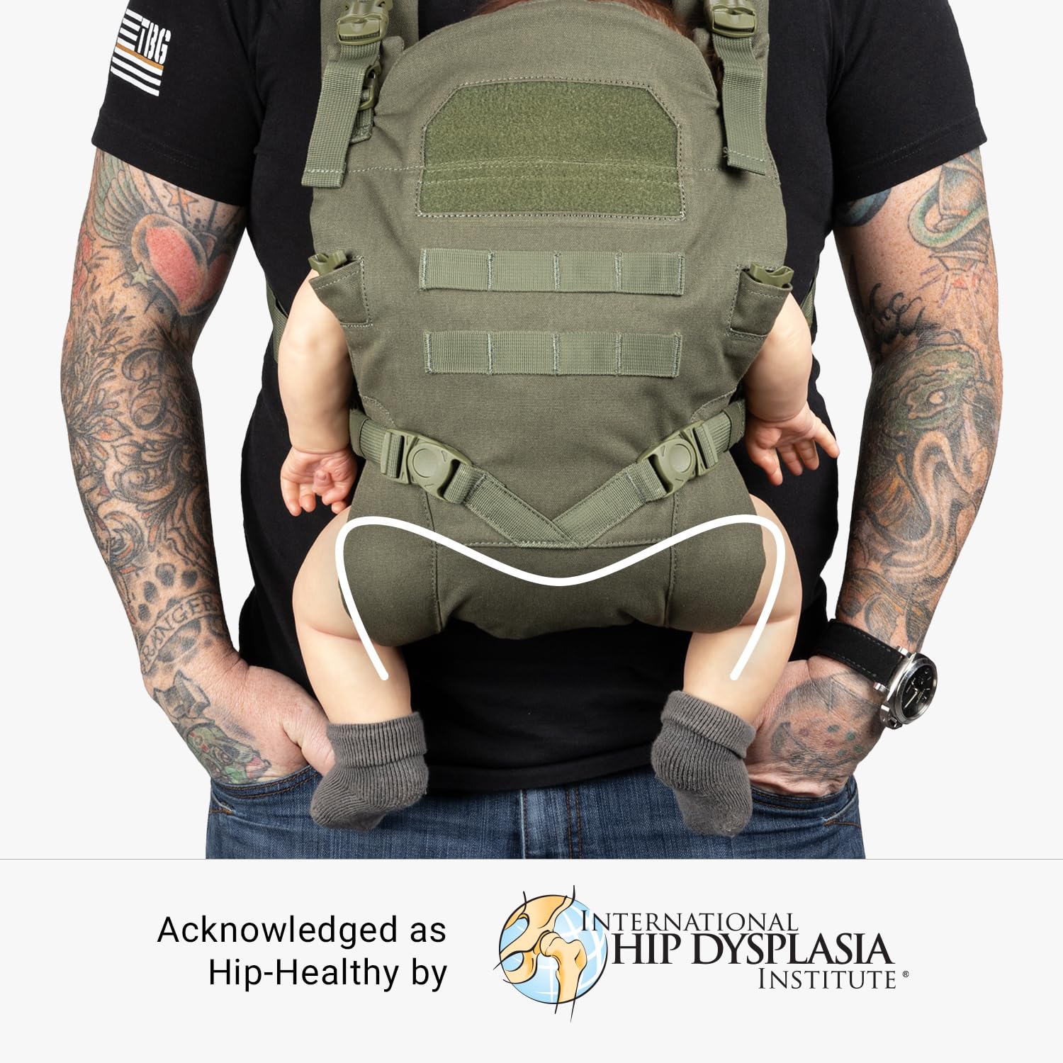 Tactical Baby Gear carrier open-back design highlights heat-reducing wearability.