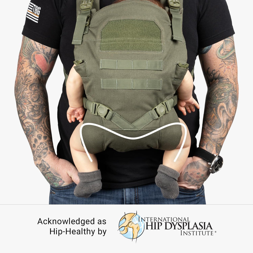 Tactical Baby Gear carrier open-back design highlights heat-reducing wearability.