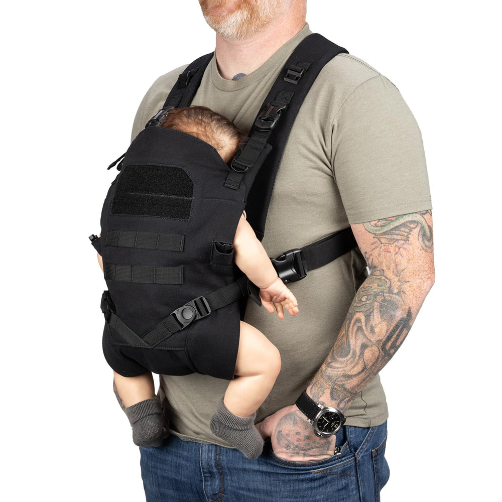 Tactical Baby Gear carrier front view shows ergonomic support for dads and infants