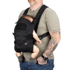 Tactical Baby Gear carrier front view shows ergonomic support for dads and infants