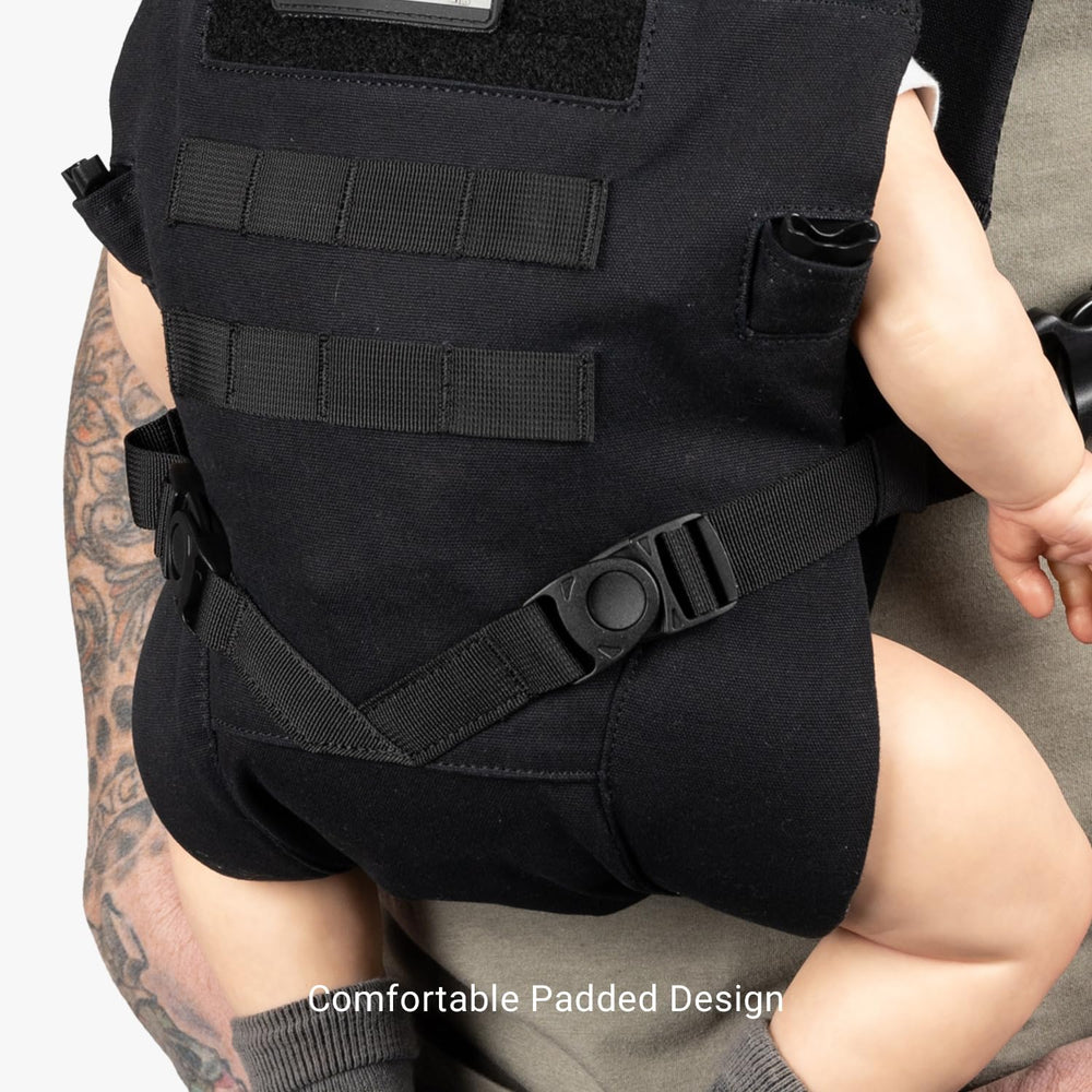 Open-back design on Tactical Baby Gear carrier promotes airflow