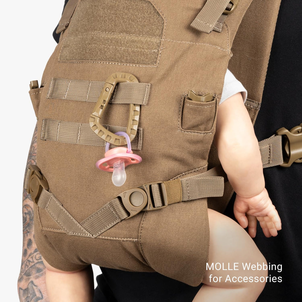 Baby facing-in position illustrates hip-friendly support.
