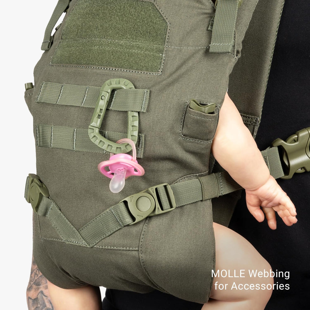Tactical Baby Gear hip-healthy certification label underscores safety standards.