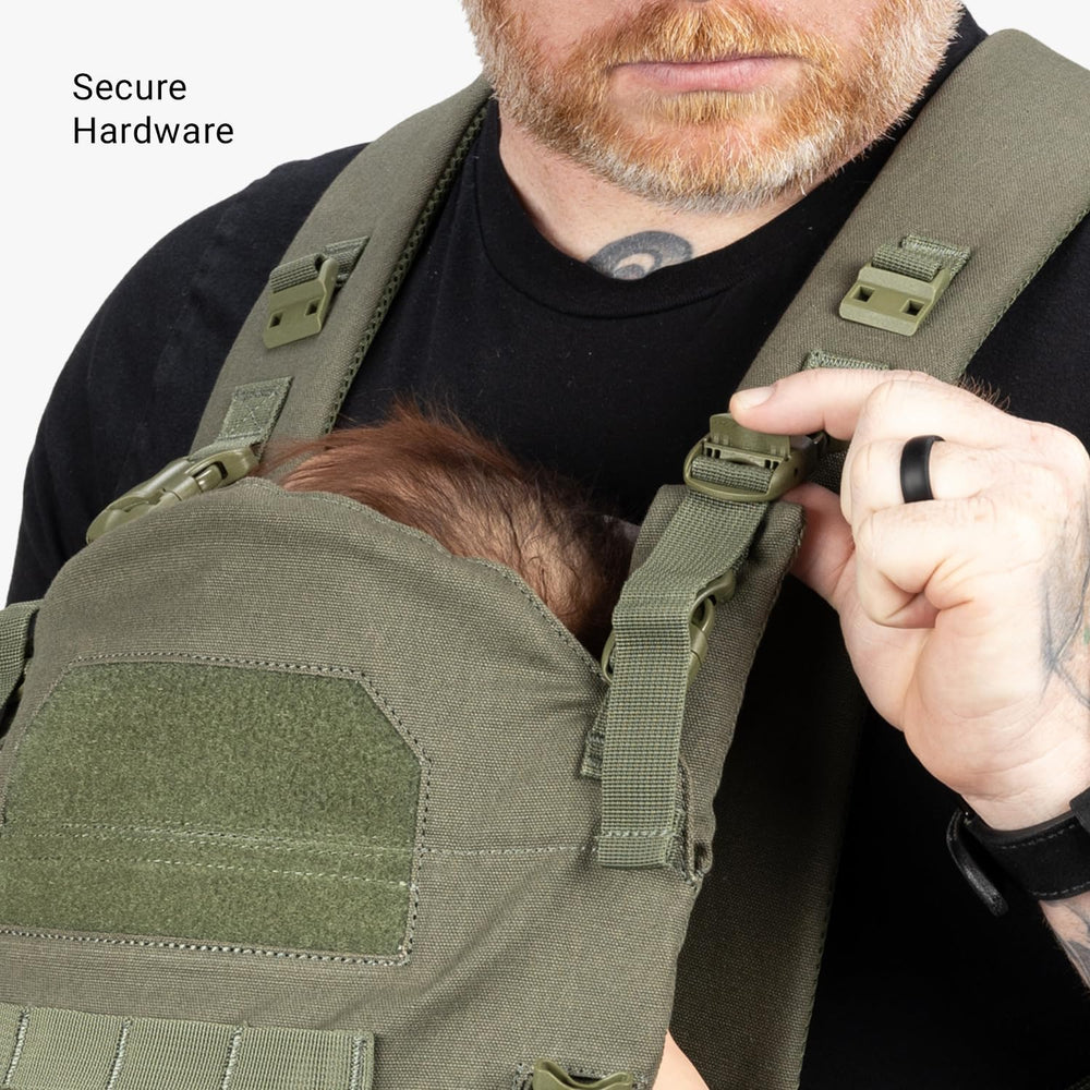 Tactical Baby Gear machine-washable cotton upholstery supports easy cleaning.
