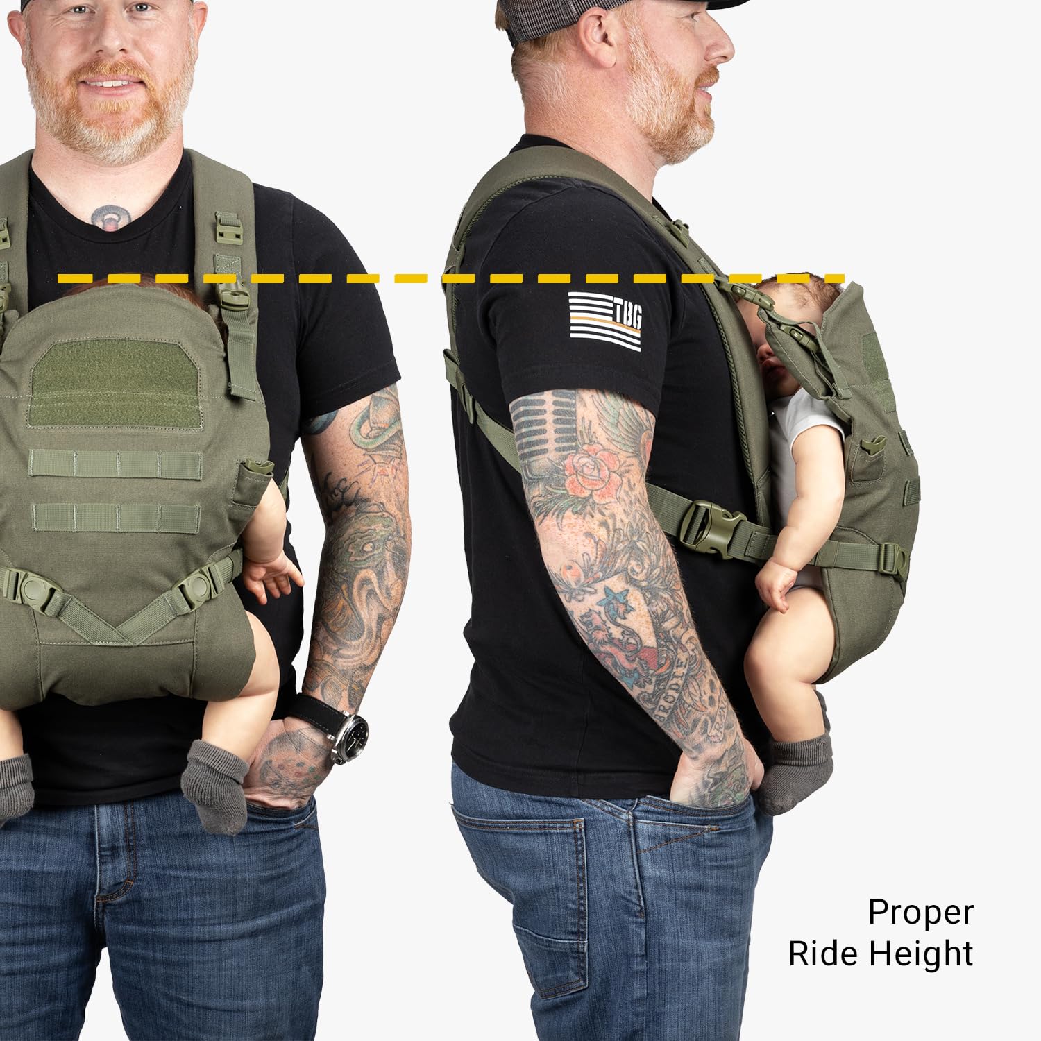 Tactical Baby Gear ranger-green carrier shown in rugged everyday use.