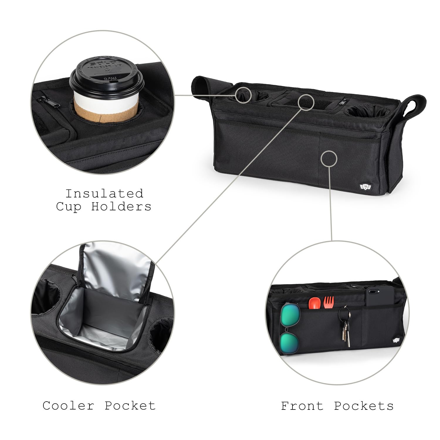 Tactical Baby Gear caddy with multiple compartments for wipes, phone, wallet, and keys.
