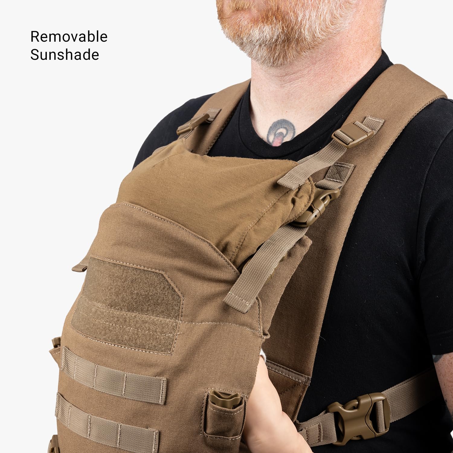 Shade accessory demonstrates sun protection when baby faces wearer.