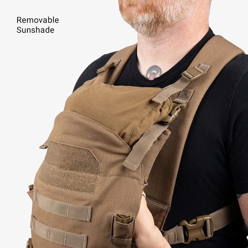 Shade accessory demonstrates sun protection when baby faces wearer.