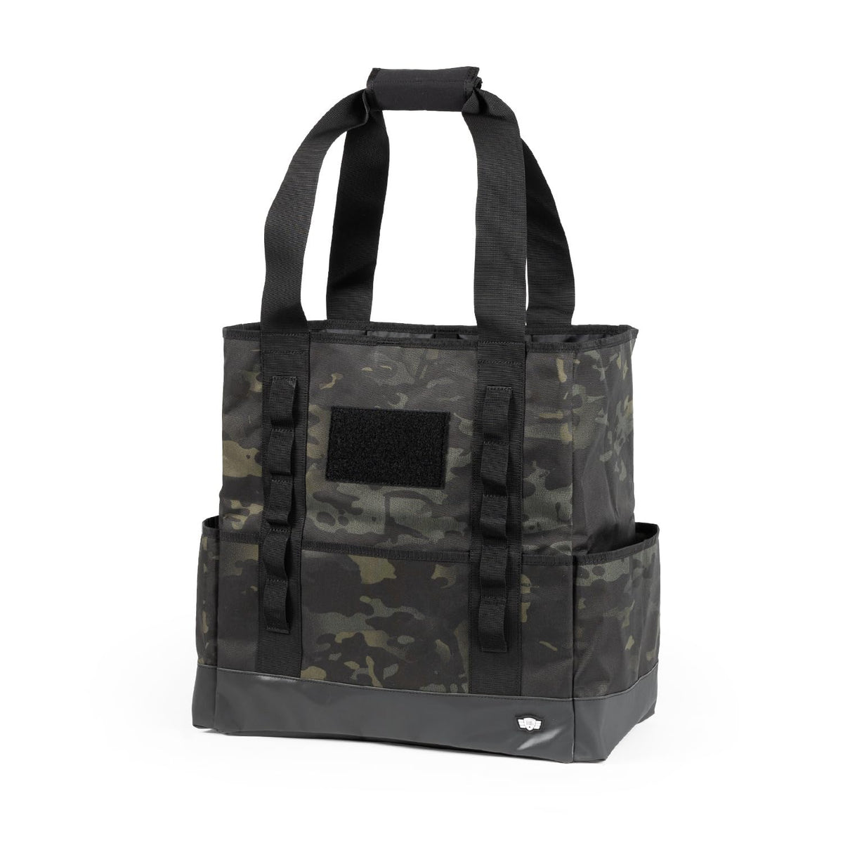 Tactical Tote Diaper Bag Multicam Black front view with quick-access exterior pockets.