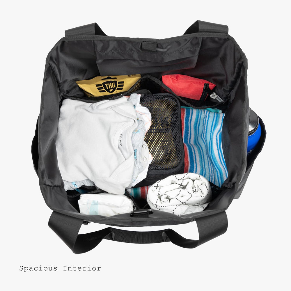 Tactical Tote Diaper Bag Multicam Black side pocket view highlighting extra storage.