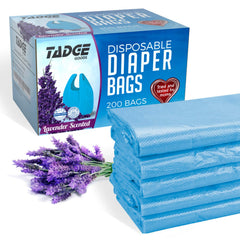 Tadge Goods lavender diaper bags in a dispenser box offering quick odor-controlled disposal.