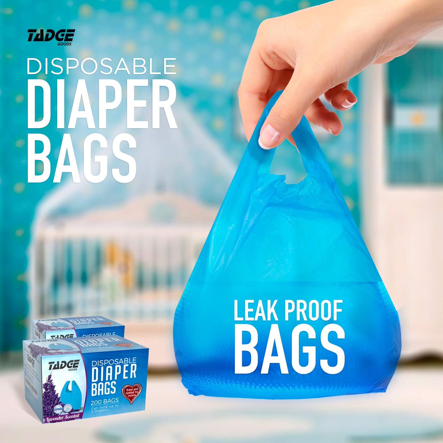 Biodegradable Tadge Goods diaper bags with blue packaging emphasizing sustainability.