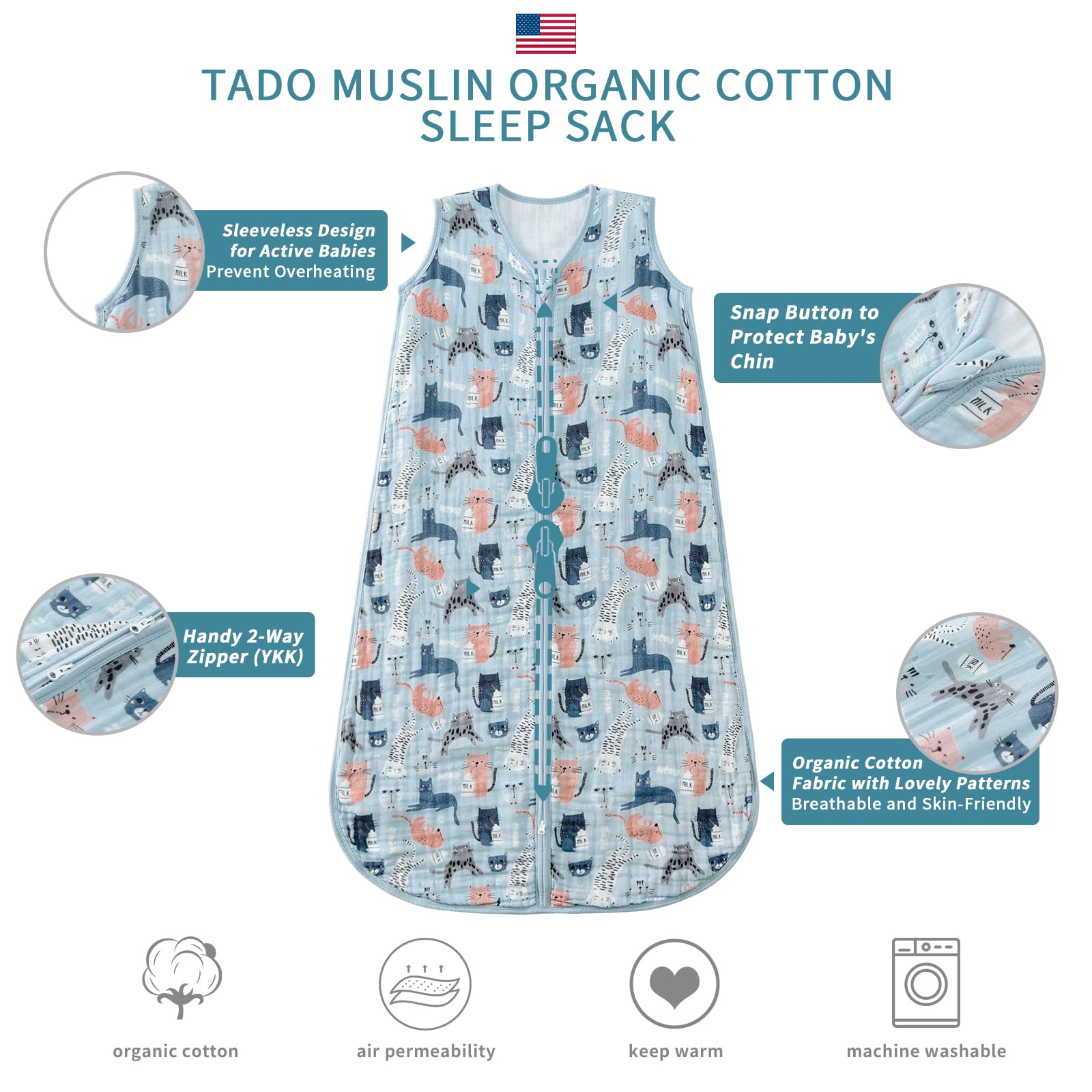 TADO MUSLIN 0.5 tog warmth image indicates year-round temperature control.