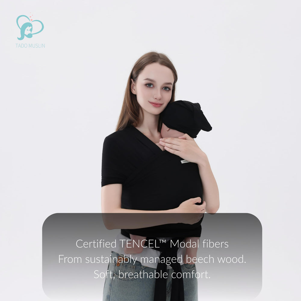 TADO MUSLIN wrap demonstrates ergonomic M-position support for baby's hips