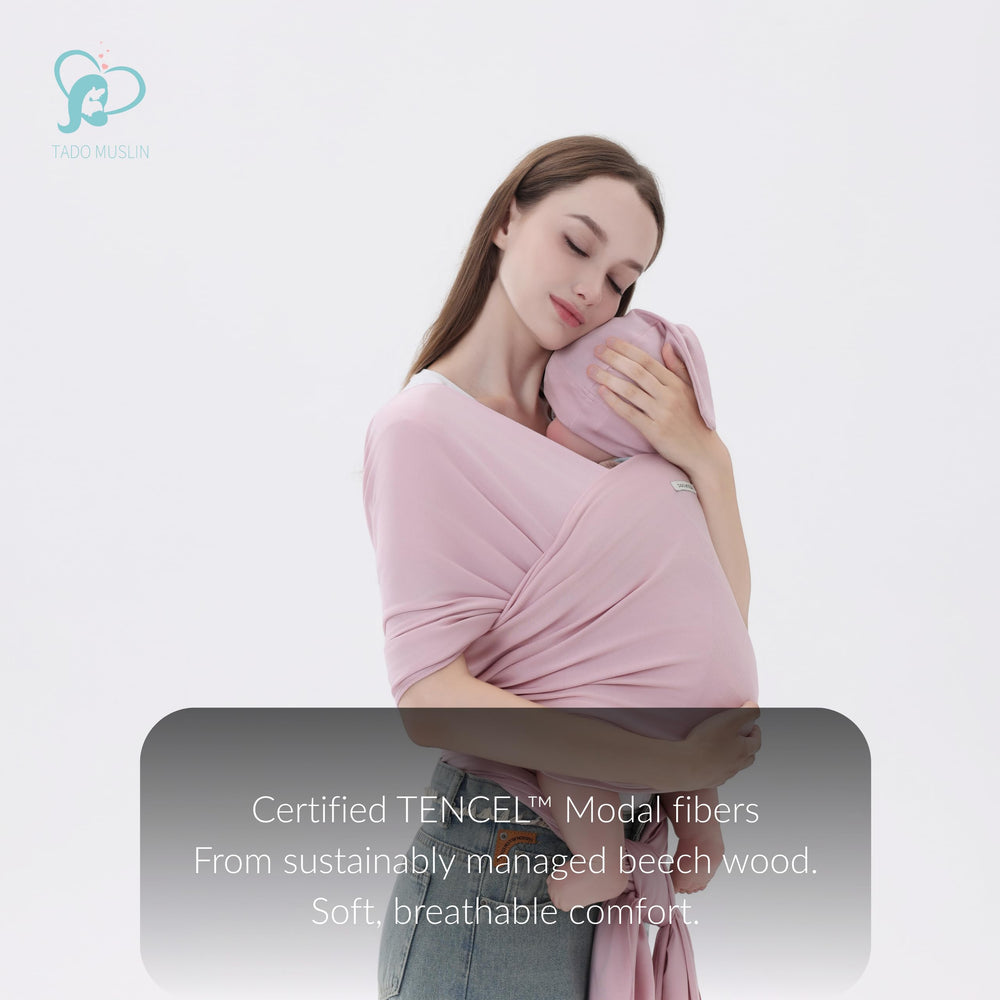TADO MUSLIN ergonomic M-position wrap supports comfortable hip alignment for baby.