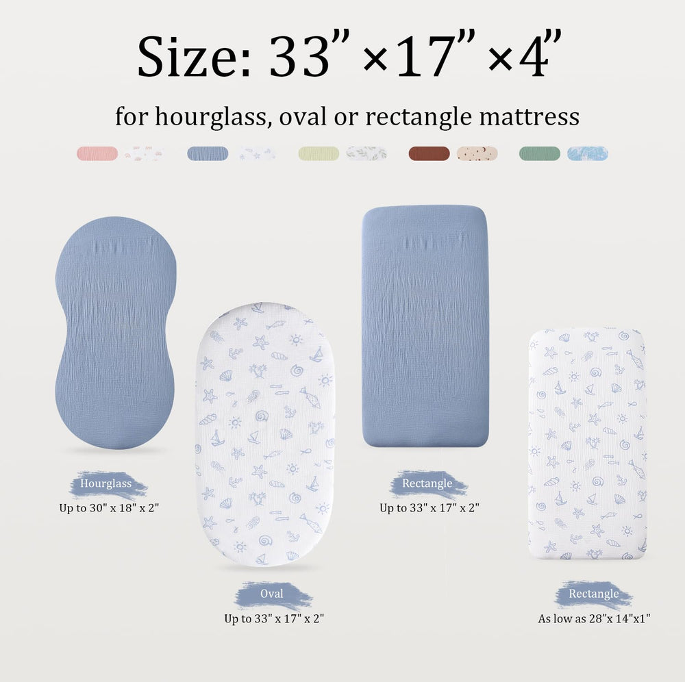 TADO MUSLIN bassinet sheet with 360-degree elastic edge stays securely in place.