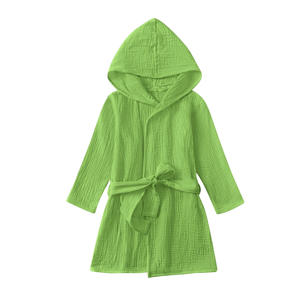 TADO MUSLIN bathrobe on toddler front view, highlighting hooded towel design
