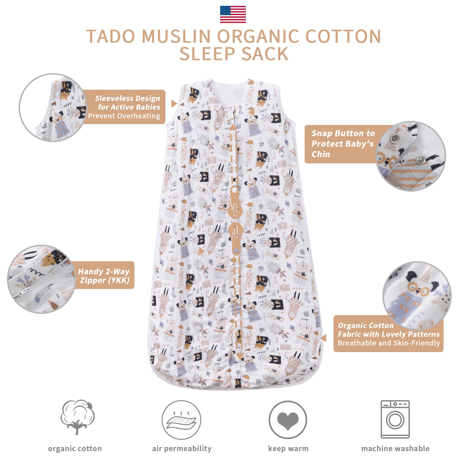 TADO MUSLIN YKK 2-way zipper with garage for safe changes