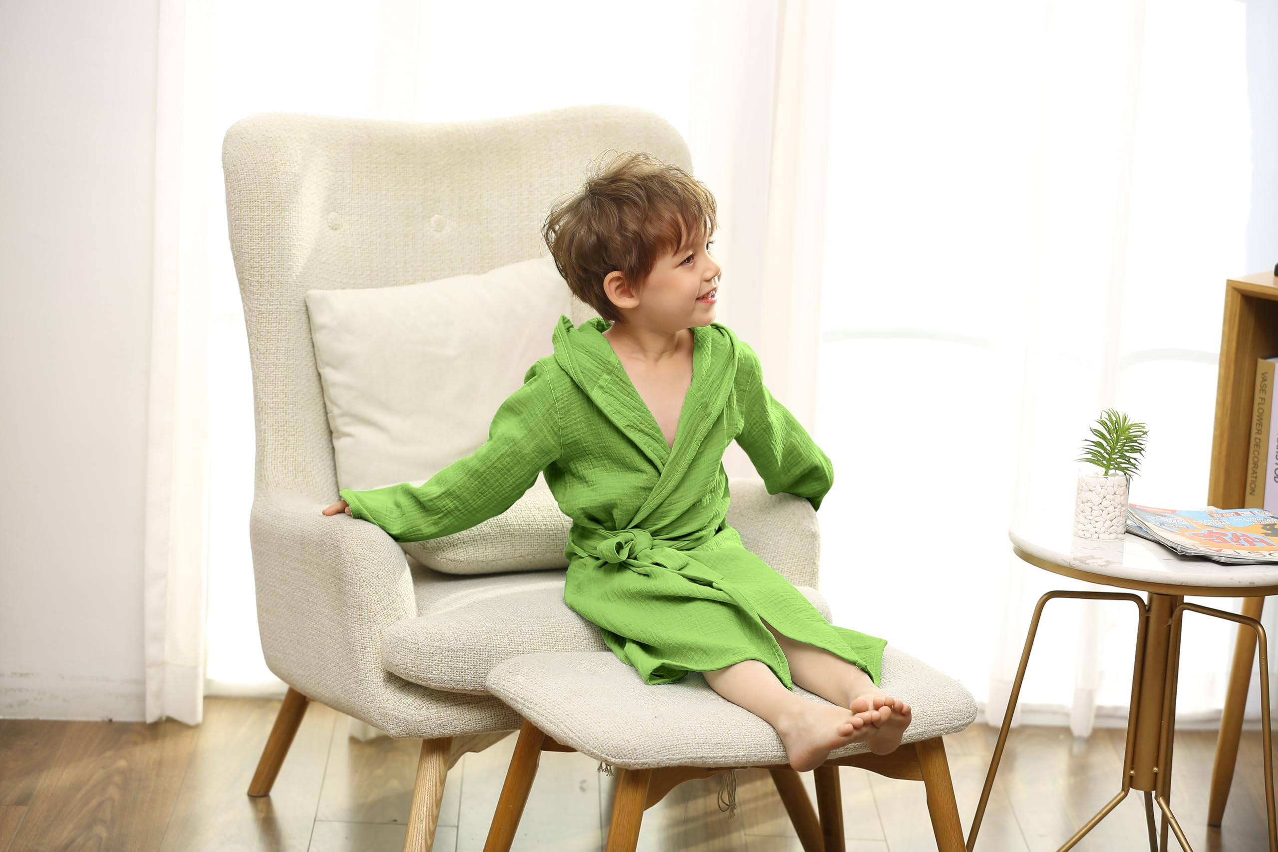 TADO MUSLIN green bathrobe worn after bath, suggesting quick-dry comfort