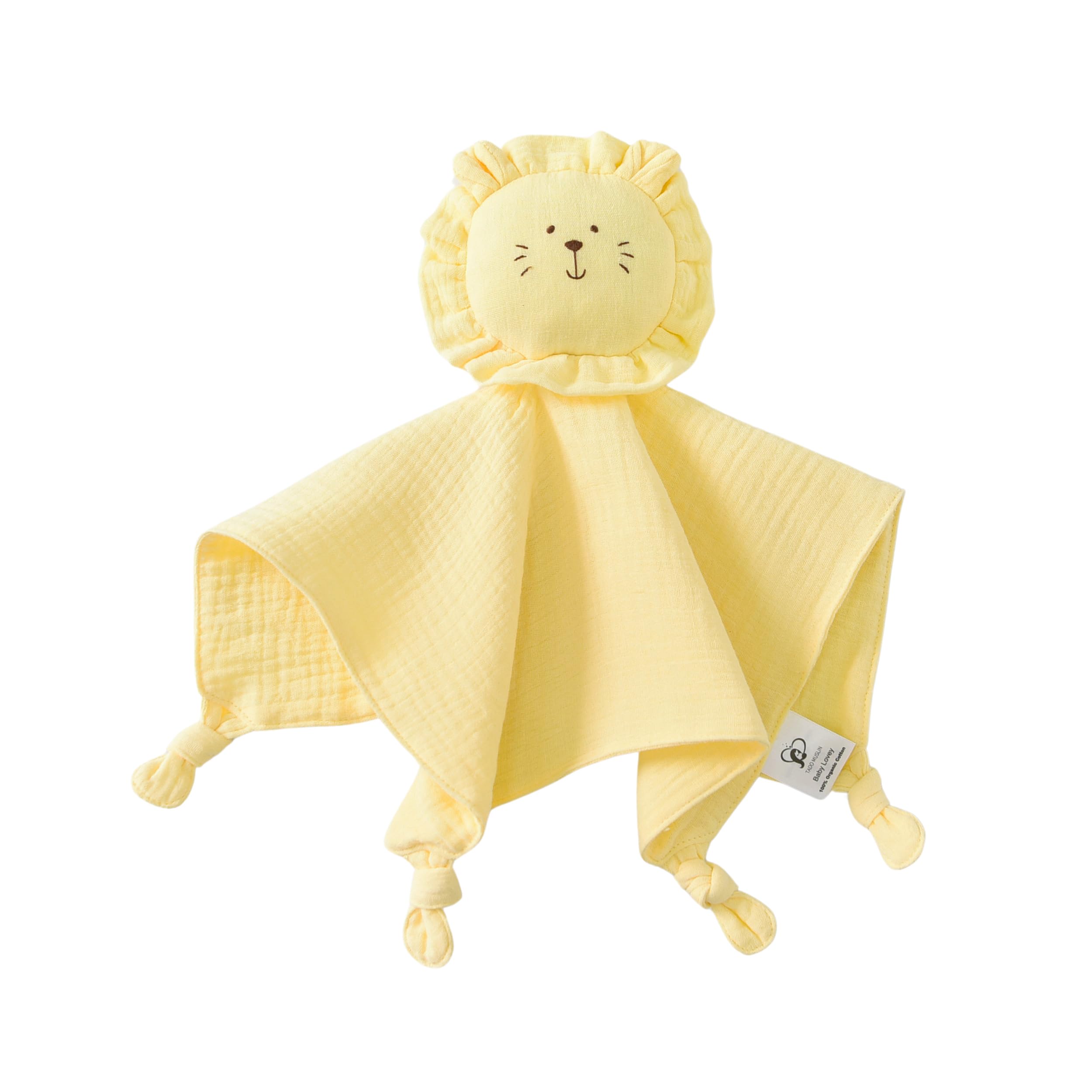 TADO MUSLIN Lion Lovey corner knots stimulate sensory exploration.