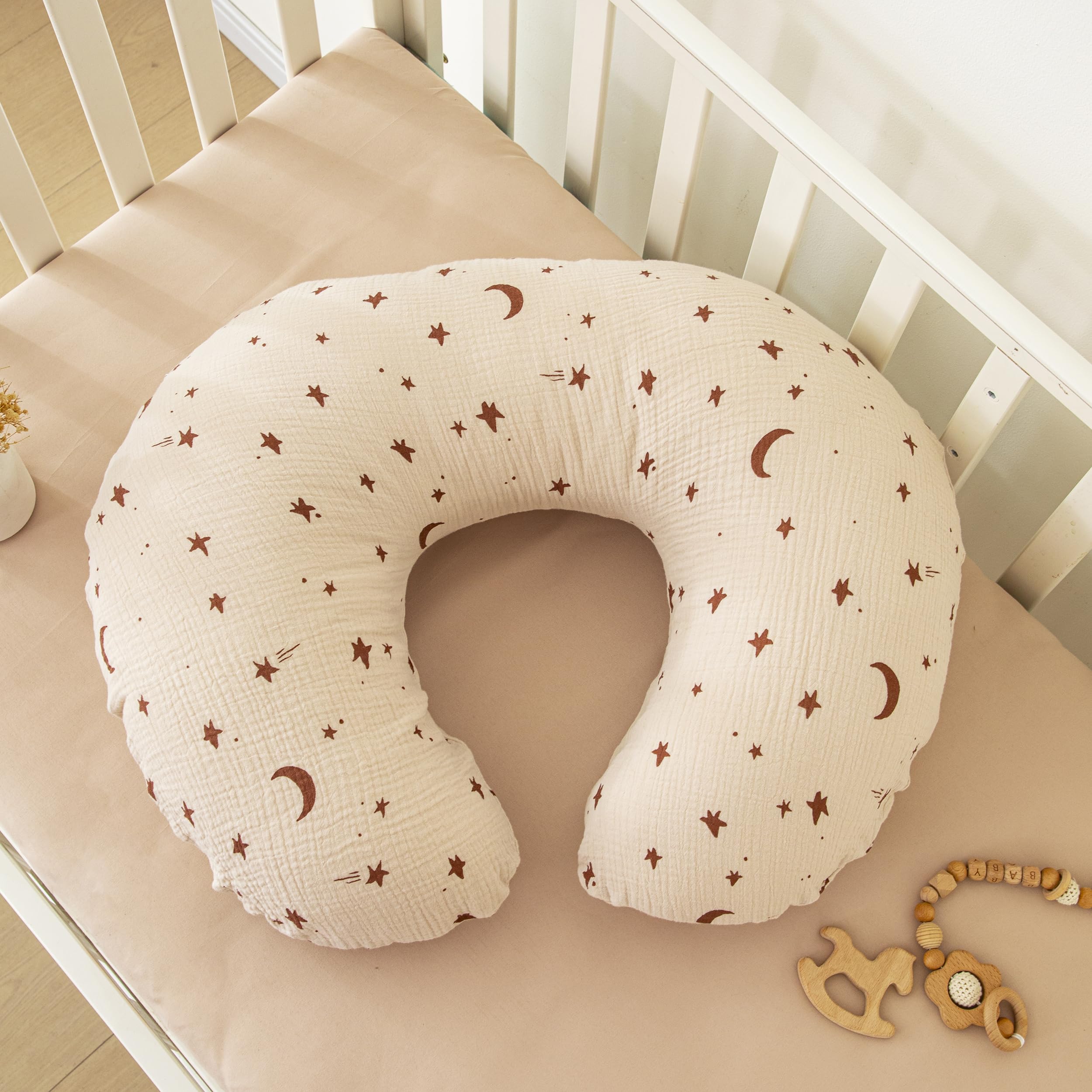 TADO MUSLIN nursing pillow cover Dark Brown design adds neutral, cozy style.