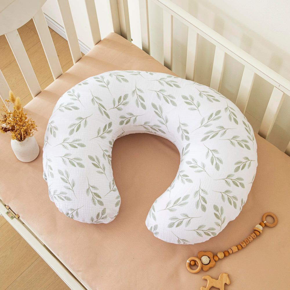 Tado Muslin nursing pillow cover Green Leaves with Light Green for easy care and comfort