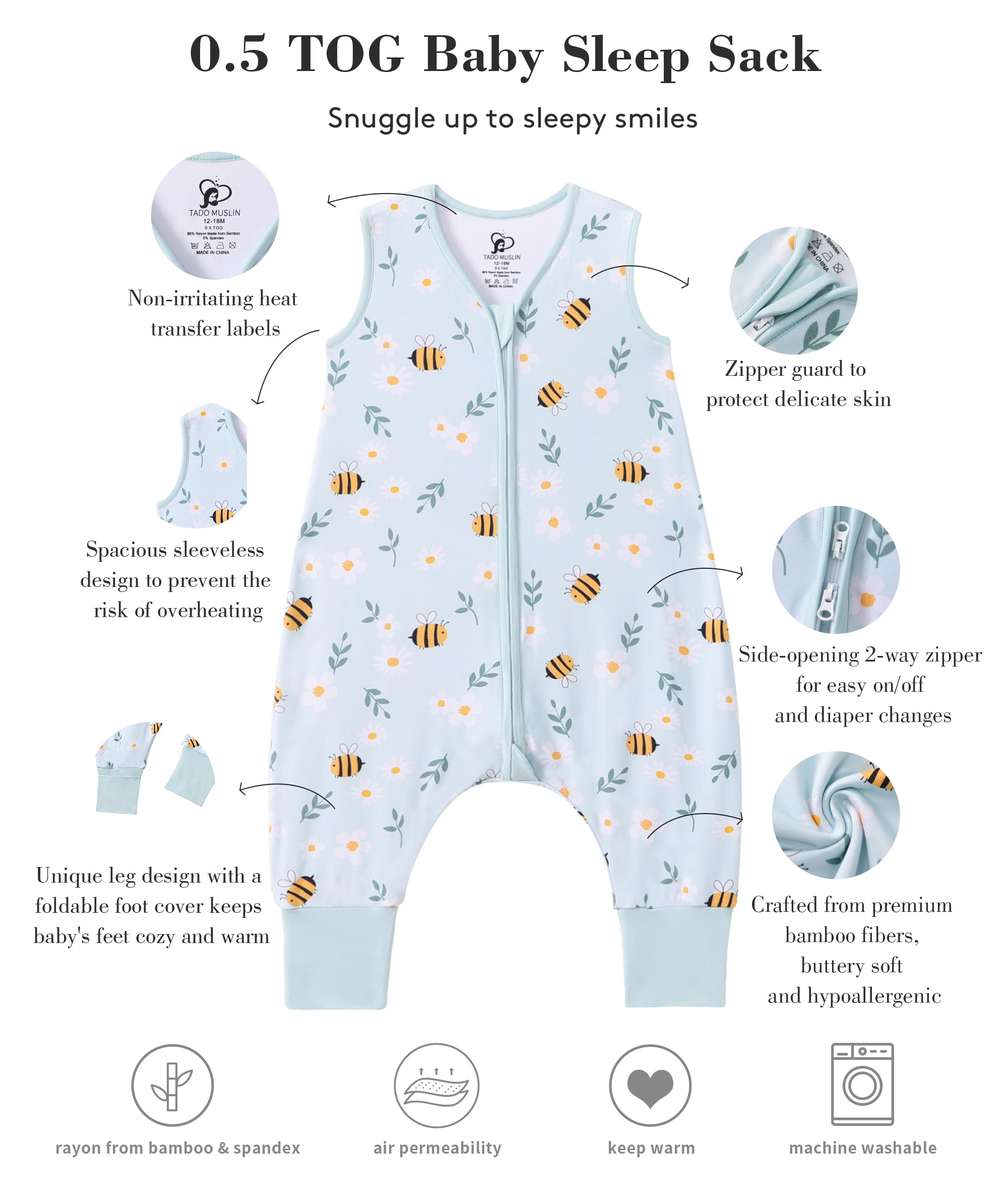 TADO MUSLIN quilted wearable blanket design provides cozy, secure coverage for babies.