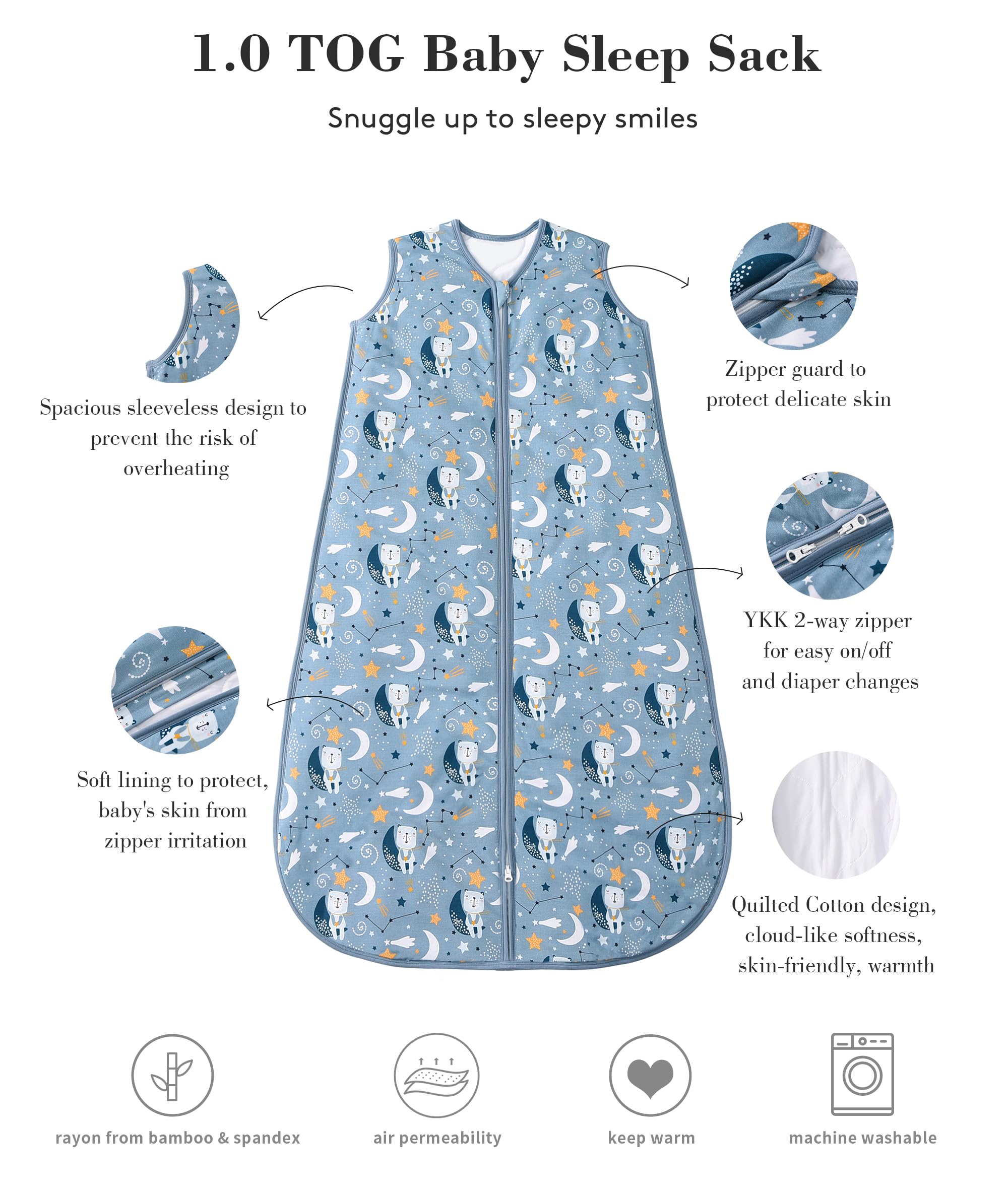 TADO MUSLIN 1.0 TOG quilted sleep sack offers balanced warmth for year-round nights.