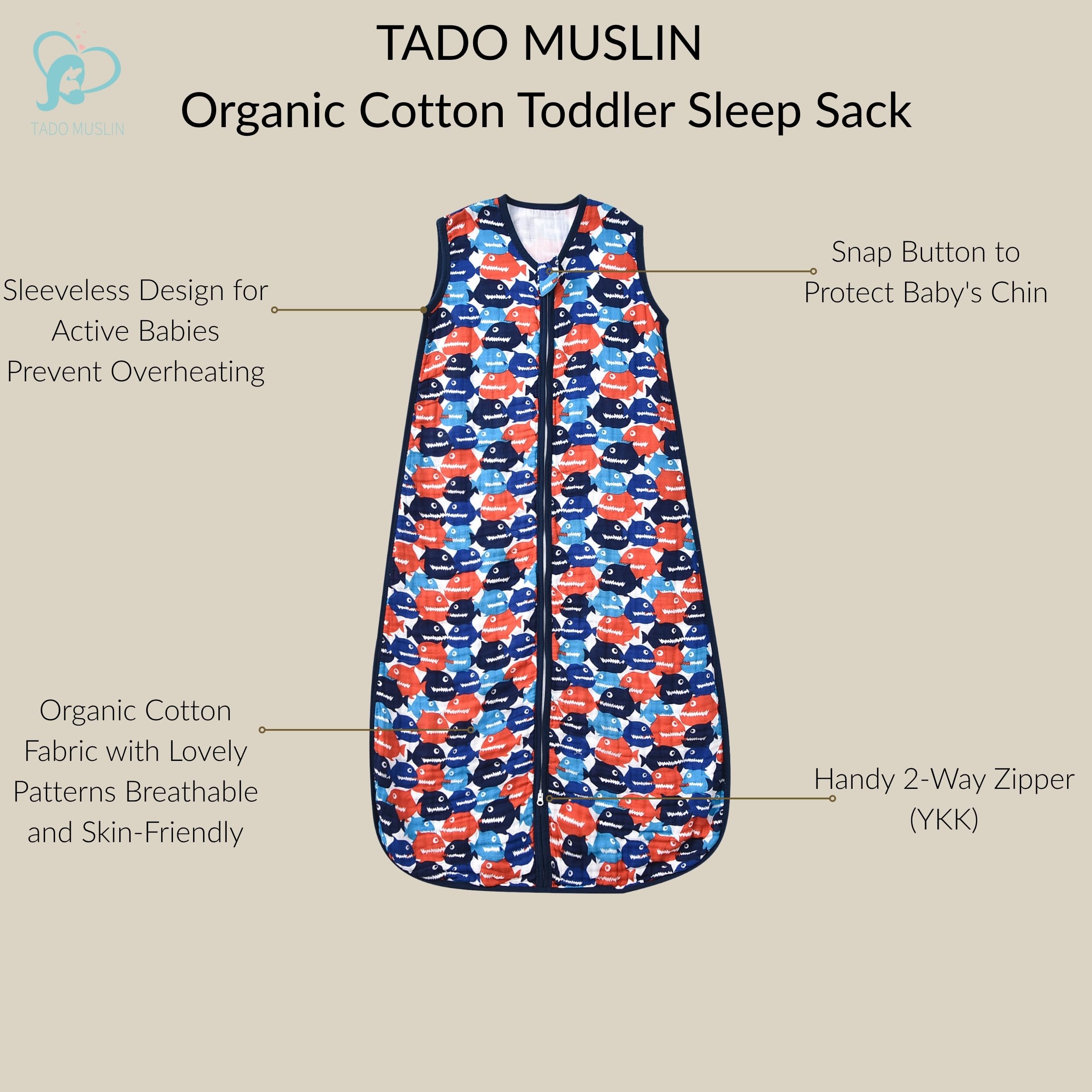 TADO MUSLIN Sleep Sack 2-4T zipper detail; easy dressing with safe two-way closure