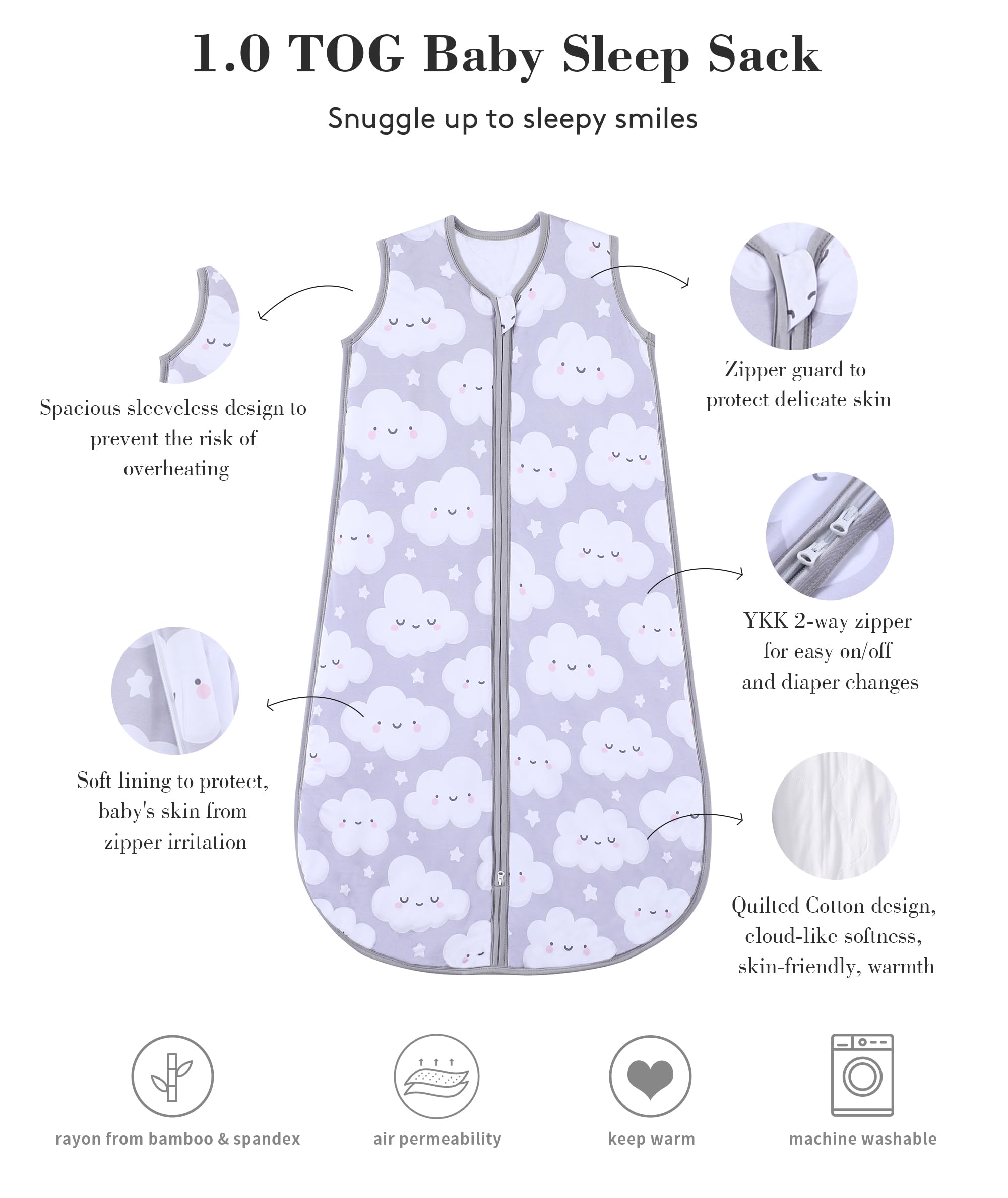 TADO MUSLIN sleep sack with 2-way zipper eases diaper changes.