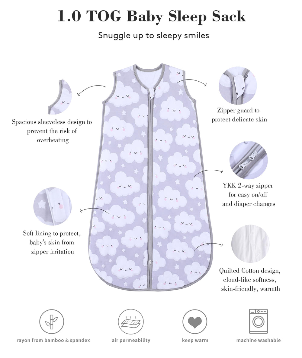 TADO MUSLIN sleep sack with 2-way zipper eases diaper changes.