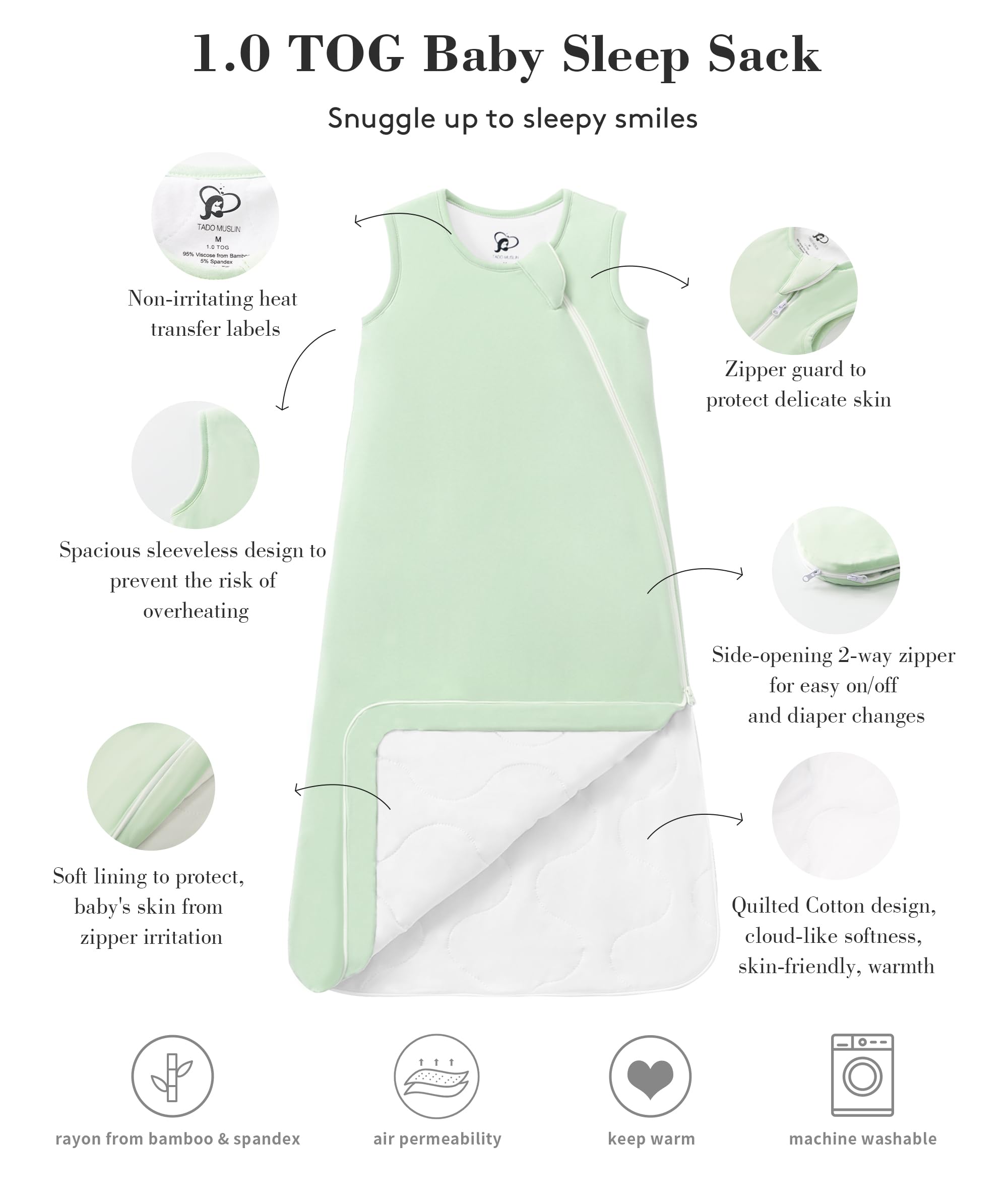 Bee-design close-up on TADO MUSLIN sleep sack, playful and breathable.