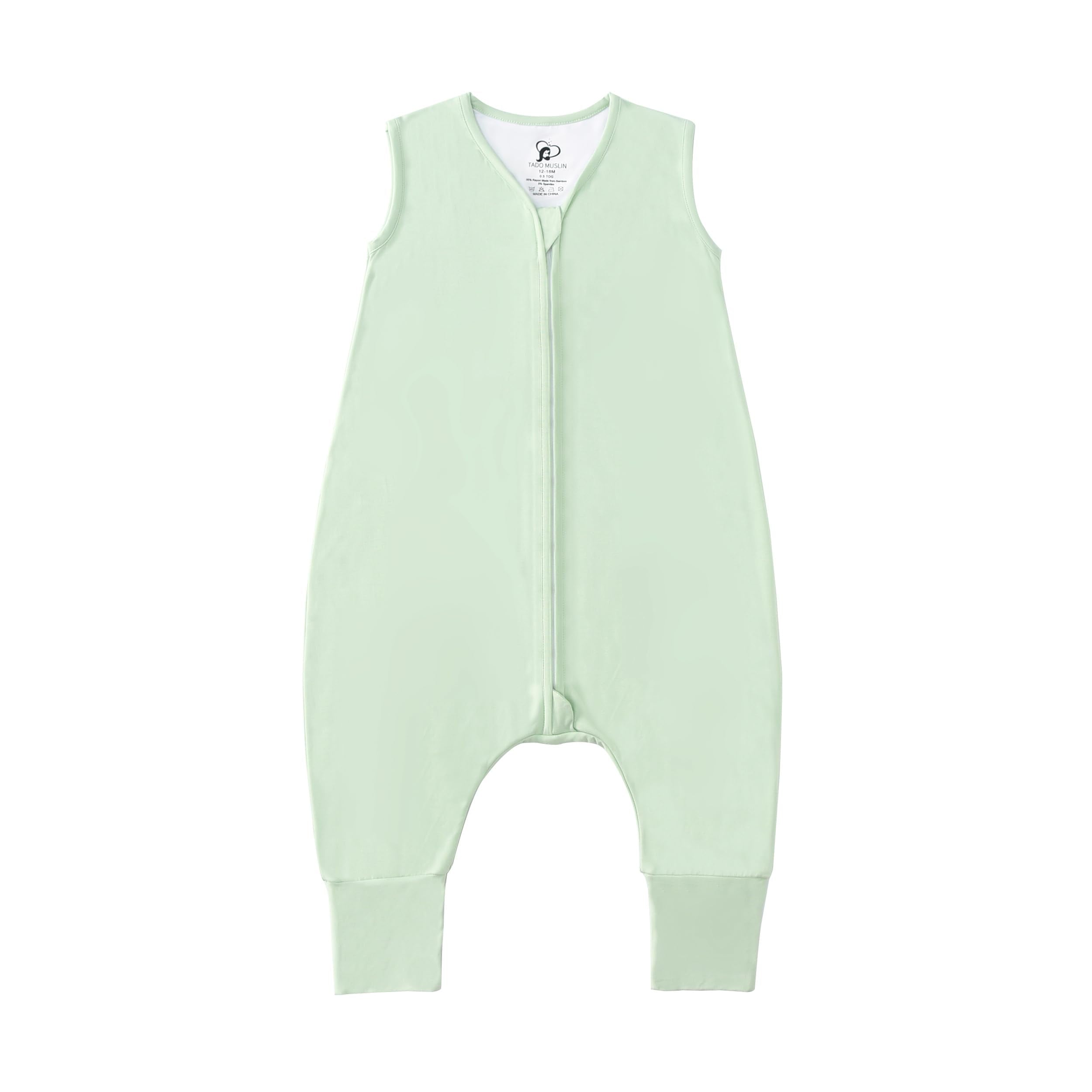 TADO MUSLIN sleep sack with feet in green showing open legs for walkers