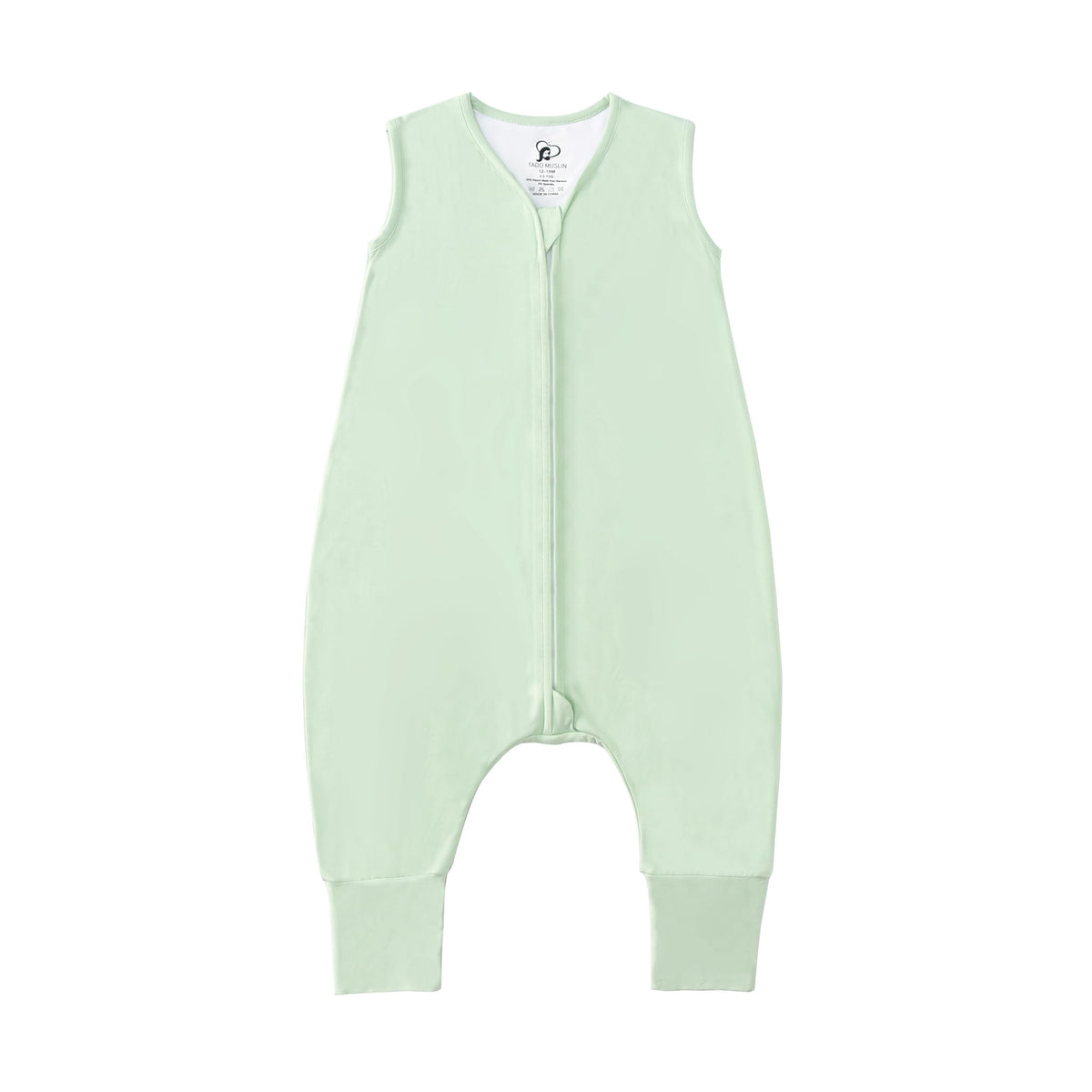TADO MUSLIN sleep sack with feet in green showing open legs for walkers