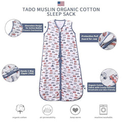 TADO MUSLIN Sleep Sack four-sizes image shows S to XL fits growing babies comfortably.