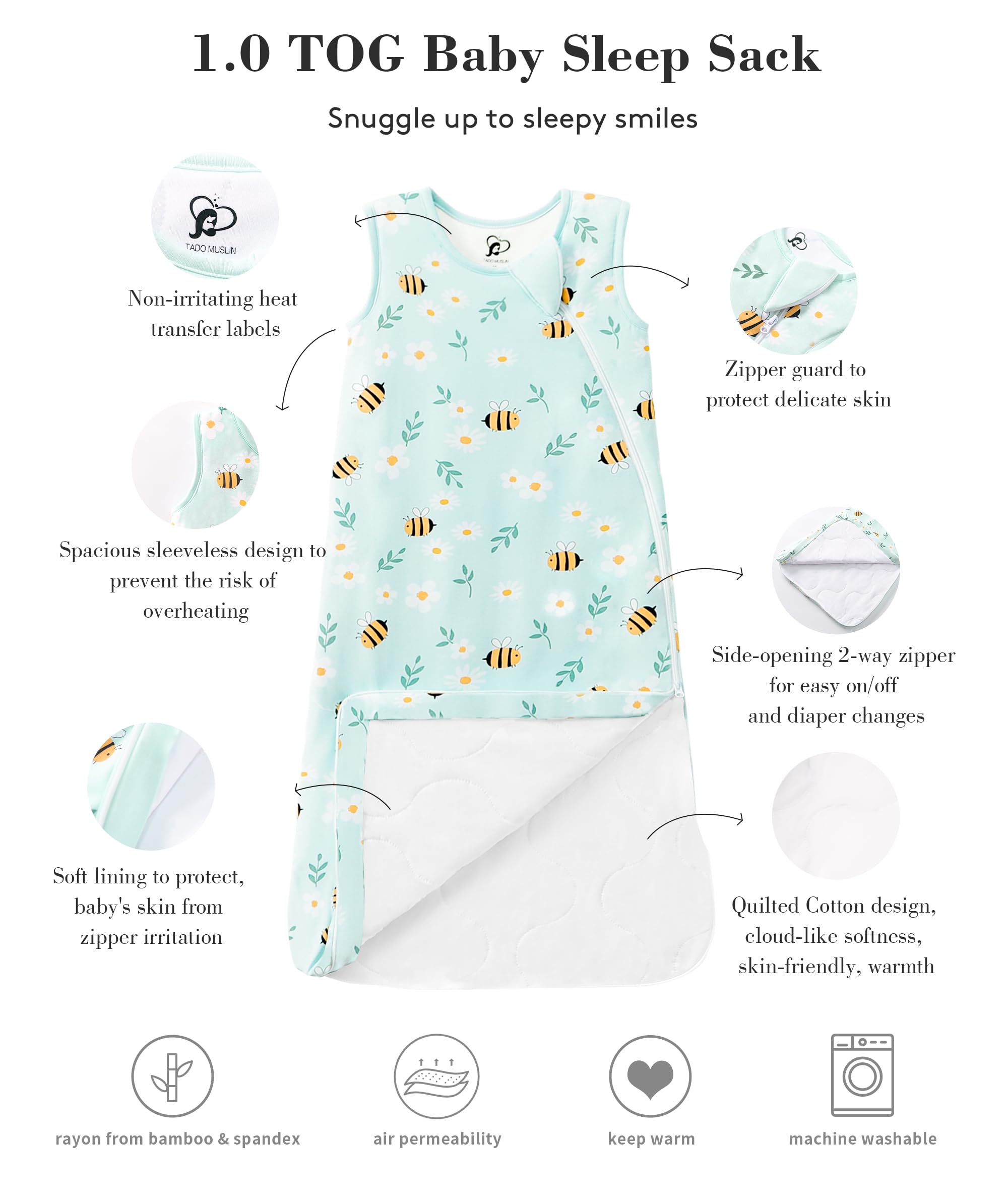 TADO MUSLIN green design sleep sack offers lightweight layering for year-round use.