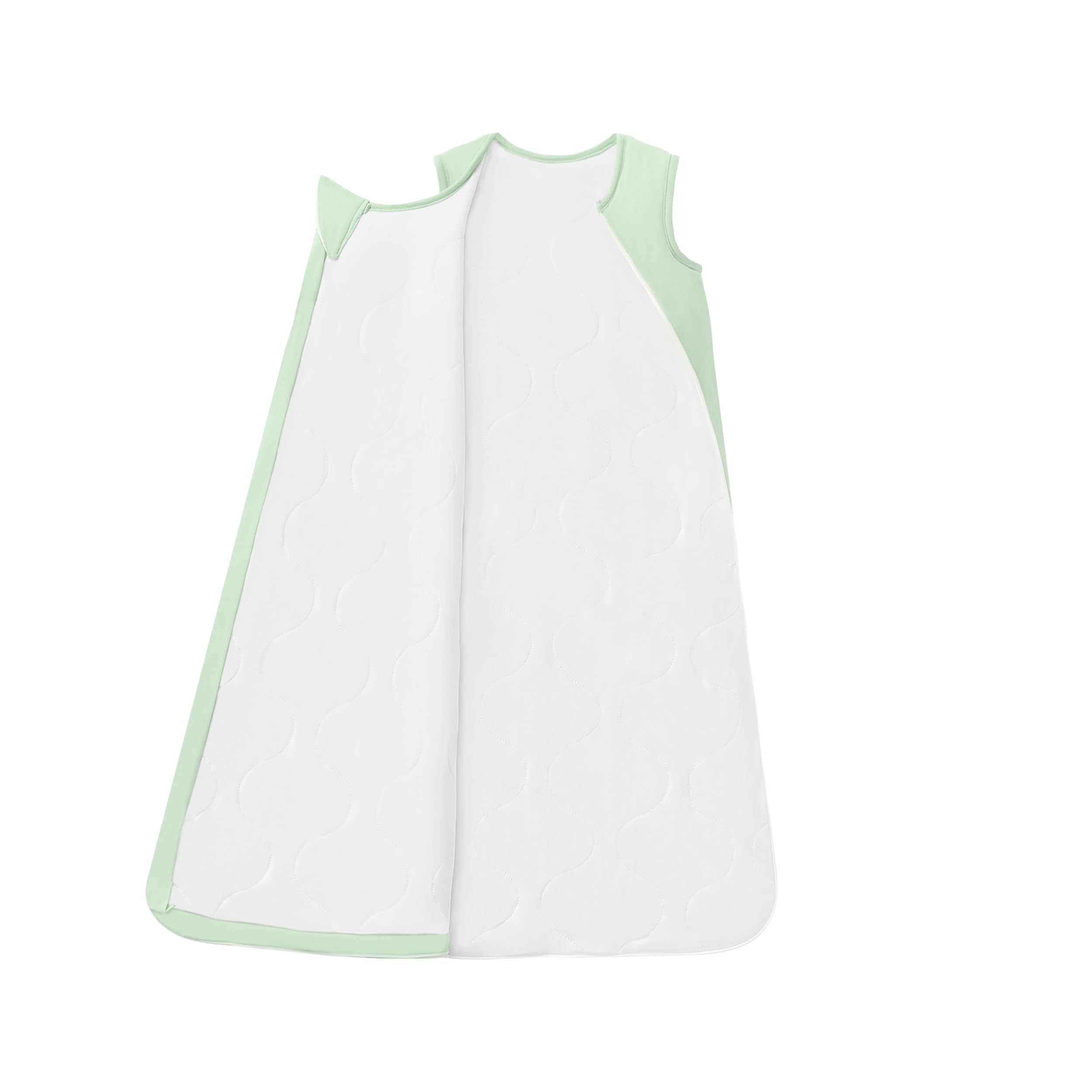 Child wearing green TADO MUSLIN sleep sack, relaxed and secure sleep.