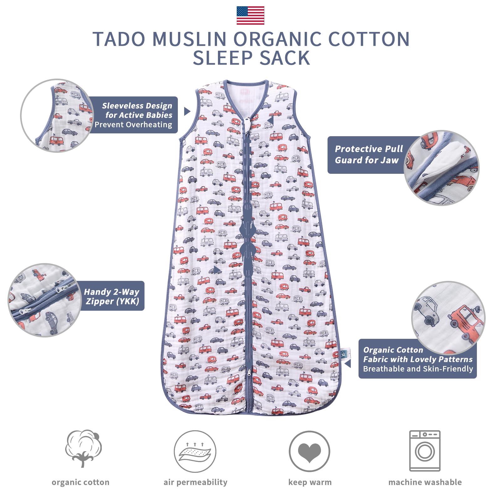 TADO MUSLIN safety tab protects baby's chin during sleep on the sack.