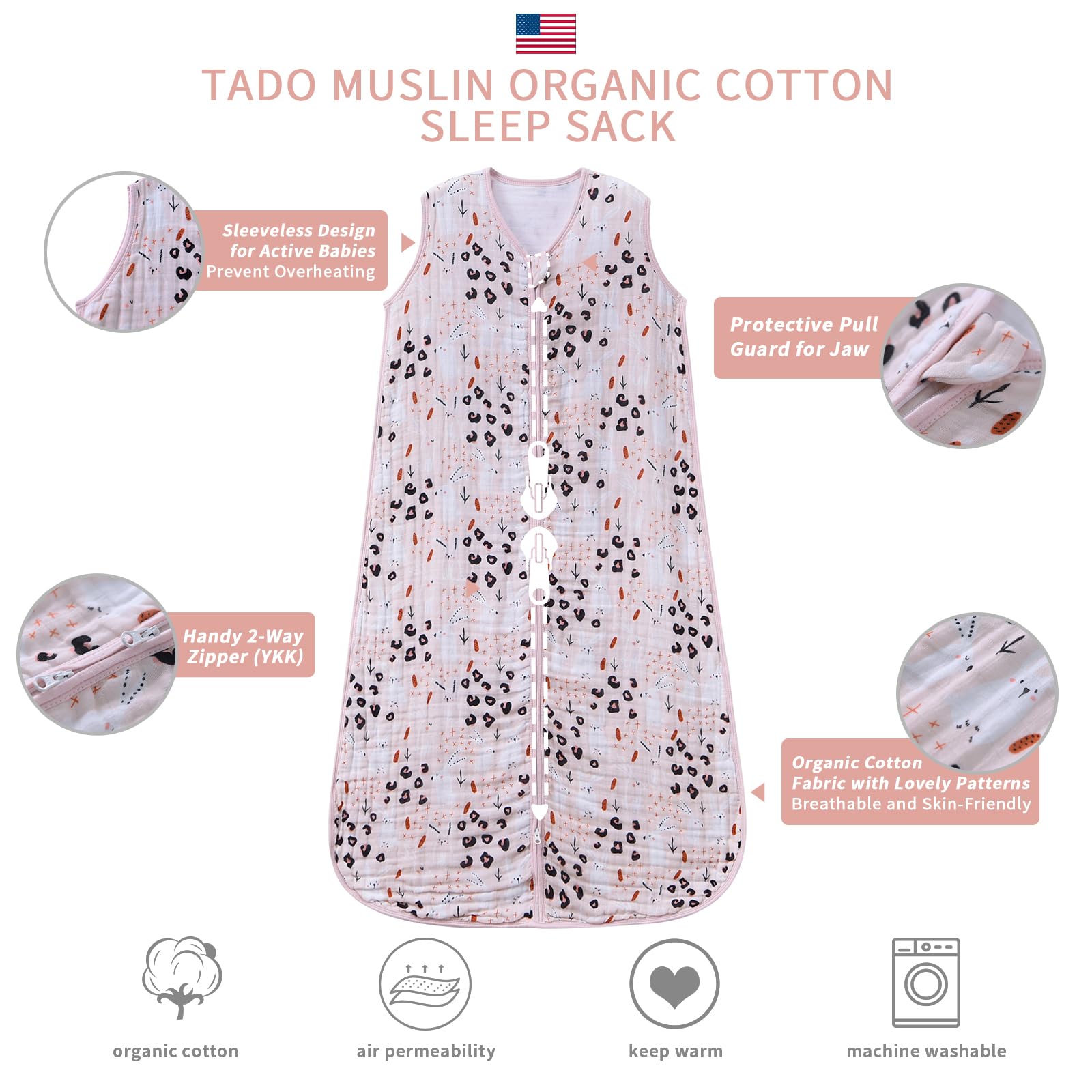 TADO MUSLIN zipper detail emphasizes secure, fast changes with YKK zip.