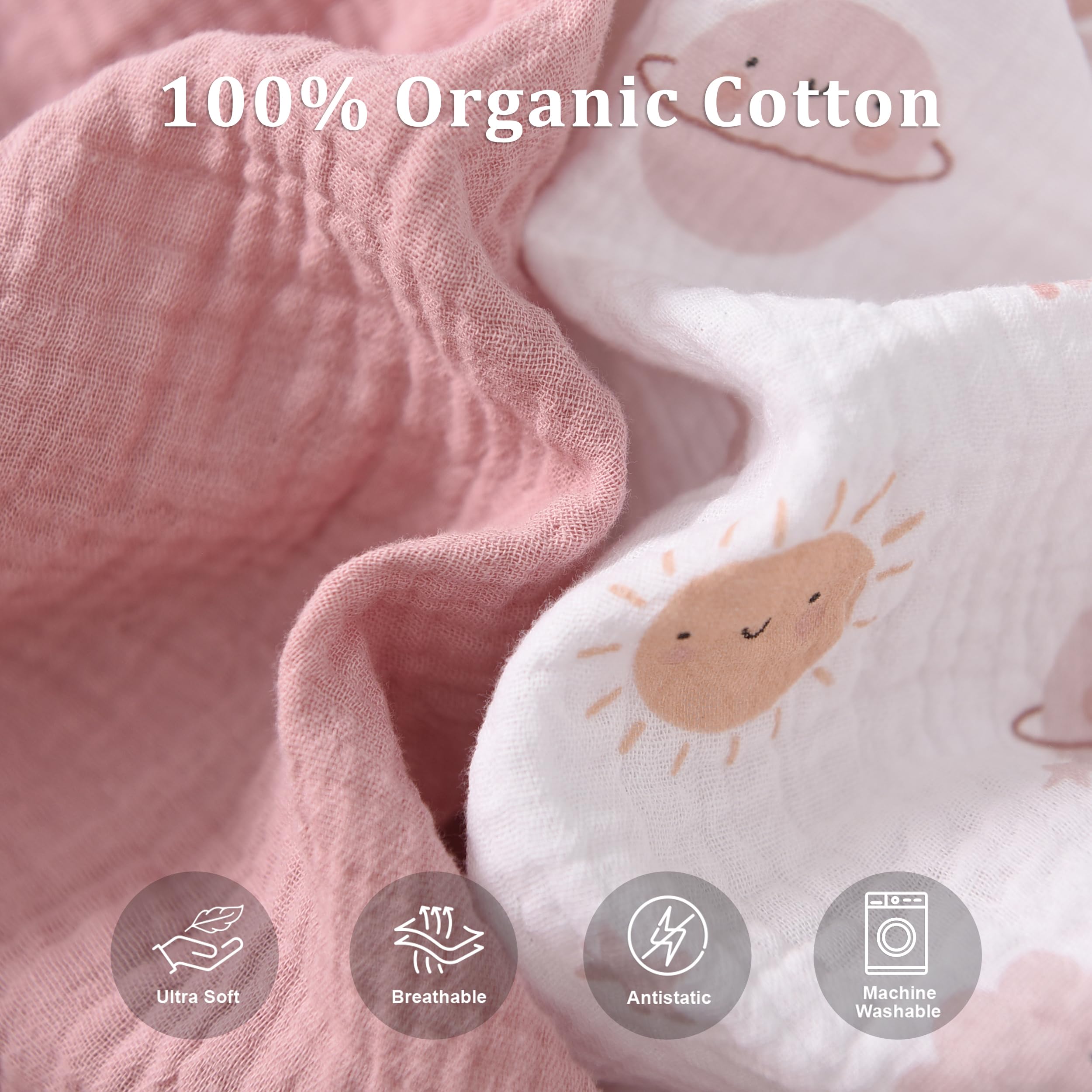 TADO MUSLIN breathable dual-layer fabric emphasizes year-round comfort for baby.