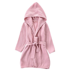 TADO MUSLIN toddler pink bathrobe front view shows soft organic cotton fabric.