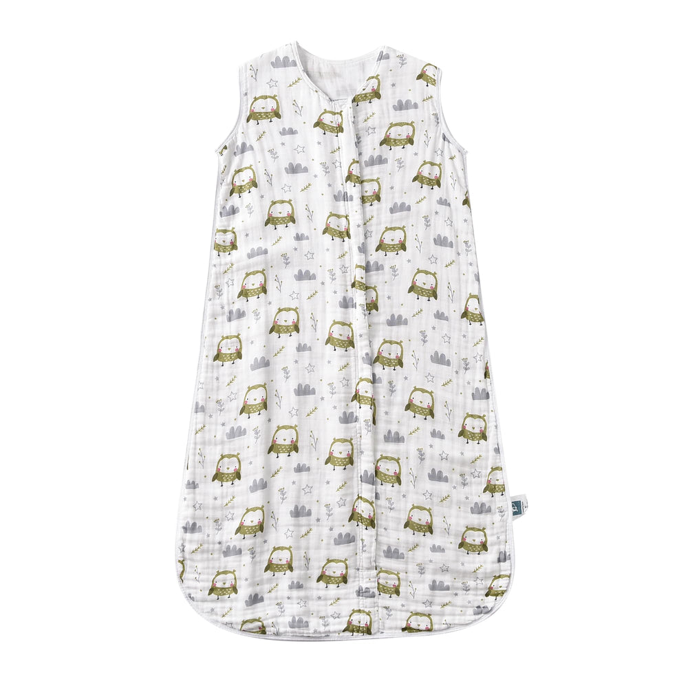 TADO MUSLIN owl print sleep sack viewed for breathable, comfortable nights.