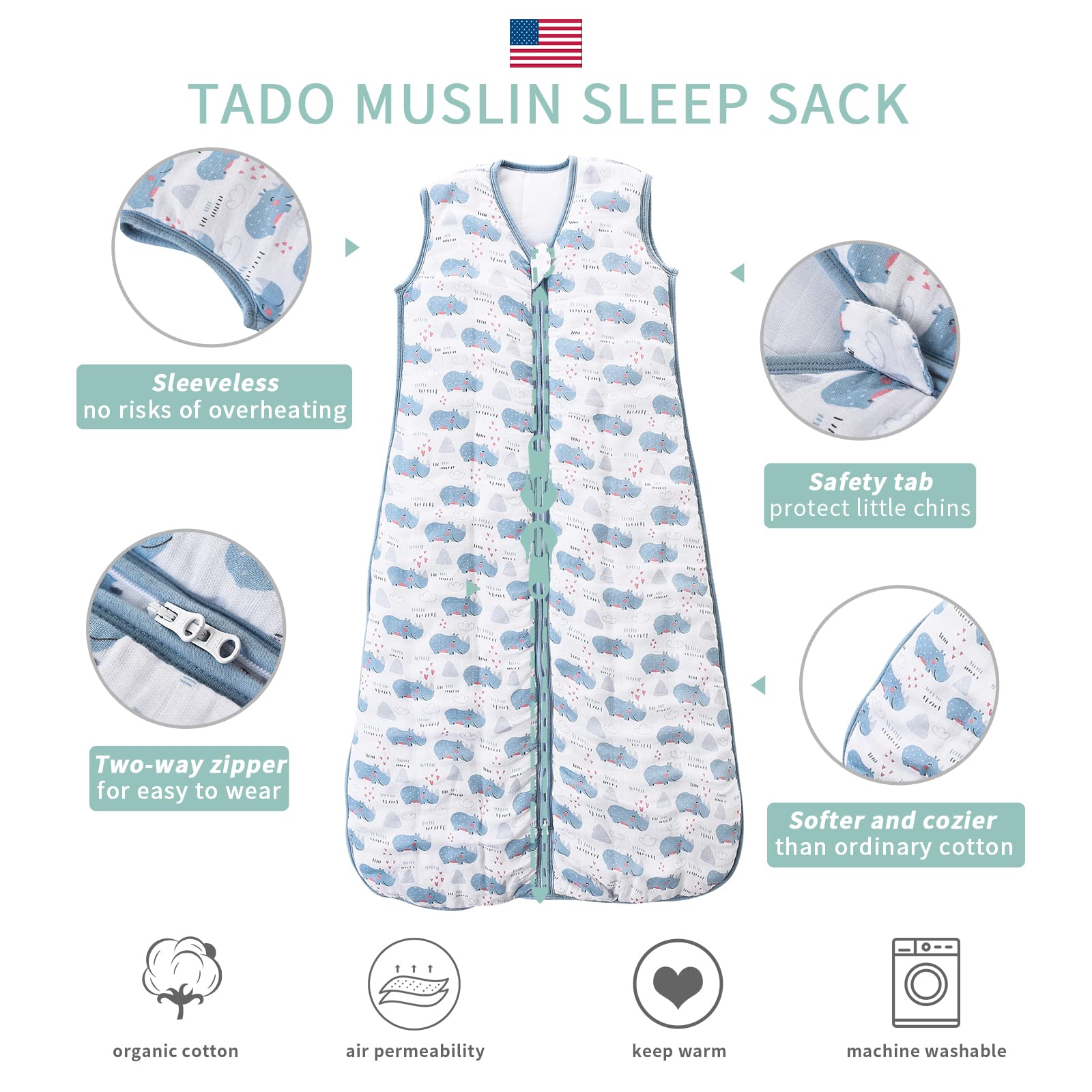TADO MUSLIN Cars pattern sleep sack front view