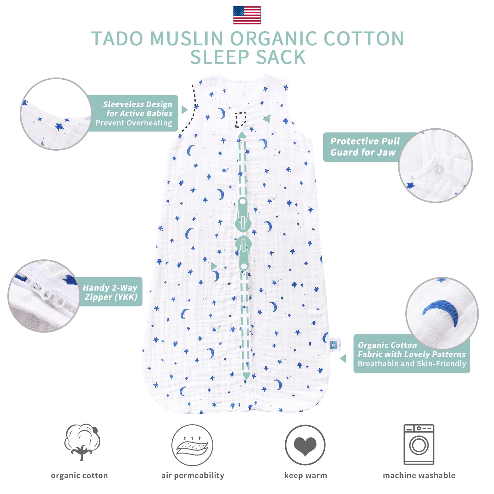 Top zipper access on TADO MUSLIN sleep sack for quick on and off