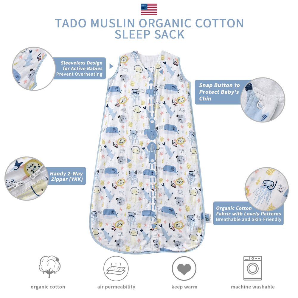 Tado Muslin Toddler Sleep Sack with a 2-way zipper for quick diaper changes.