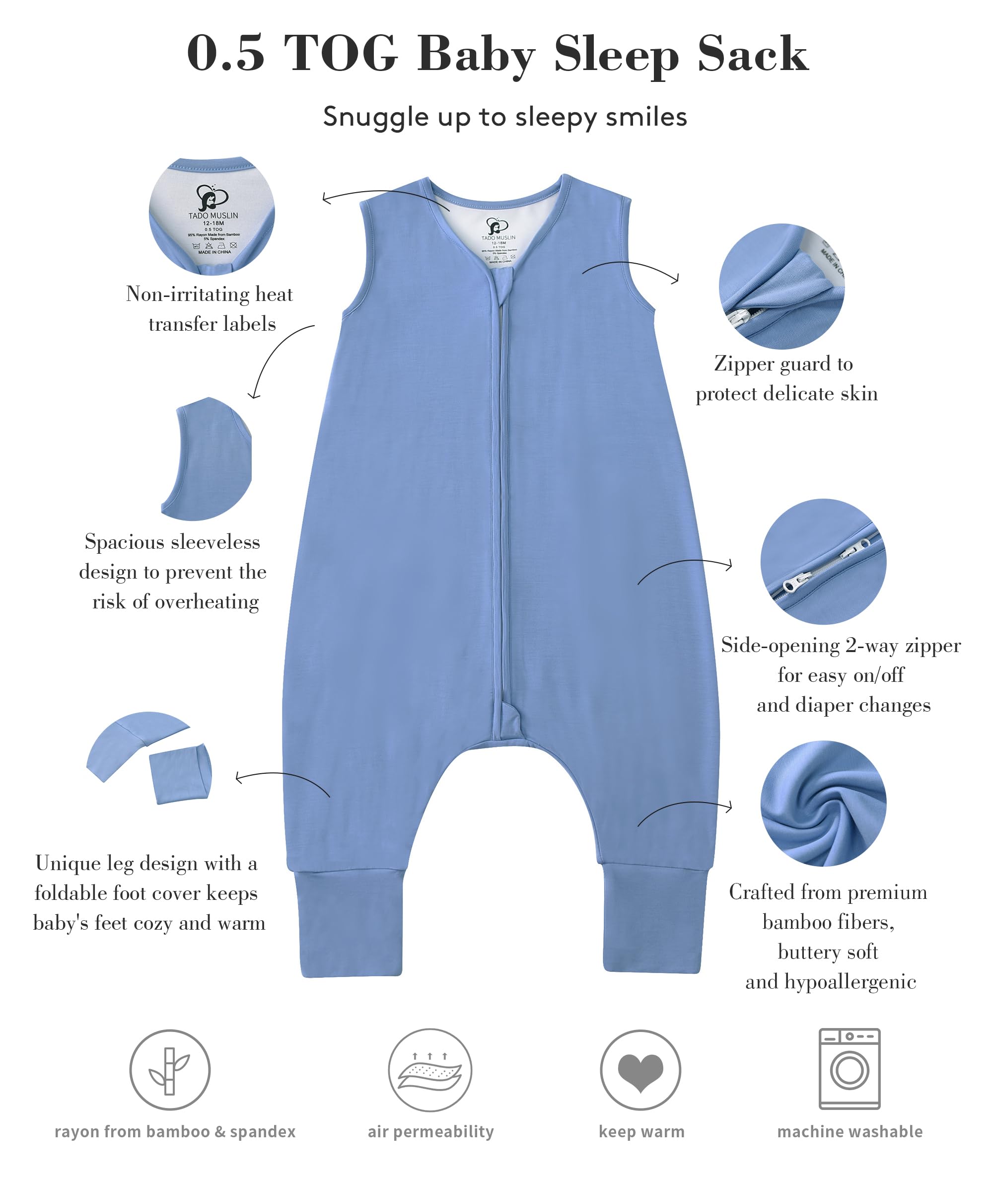 TADO MUSLIN 2-way zipper enables quick diaper changes at night
