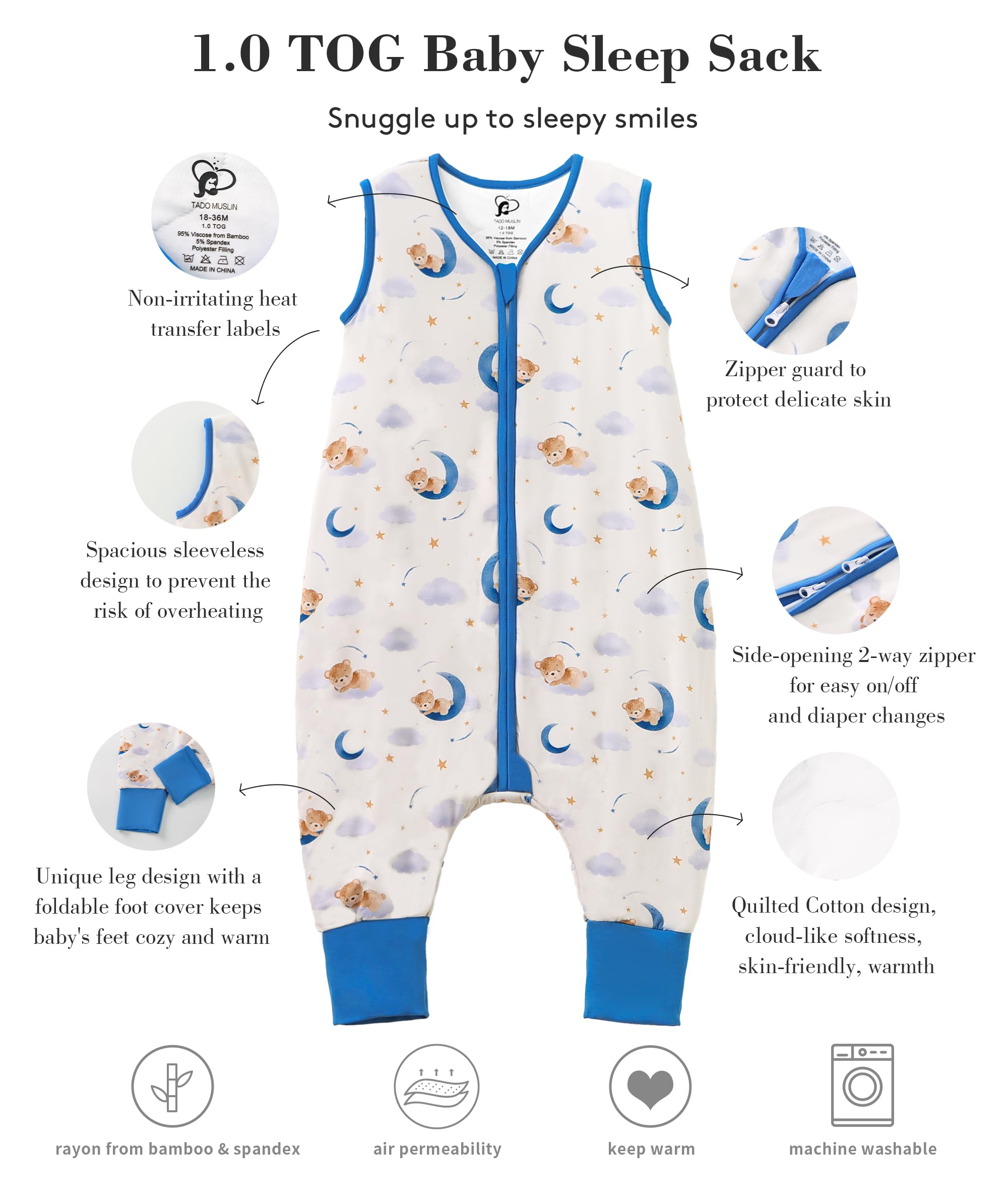 TADO MUSLIN two-way zipper eases night diaper changes